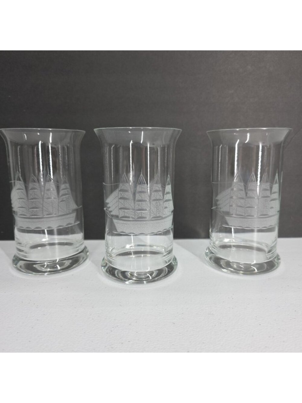 Vintage Etched Sailing Ship Drinking Glass Nautical Tumbler 6” Lot Of 3
